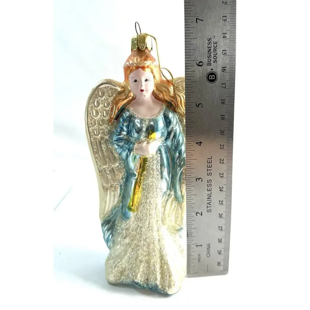 Vintage Hand Blown Glass Angel Christmas Ornament Blue Gown Glitter 6.5”